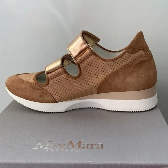 NEW MAX MARA Tan Suede  Leather Velcro Sneakers - Picture 5 of 13